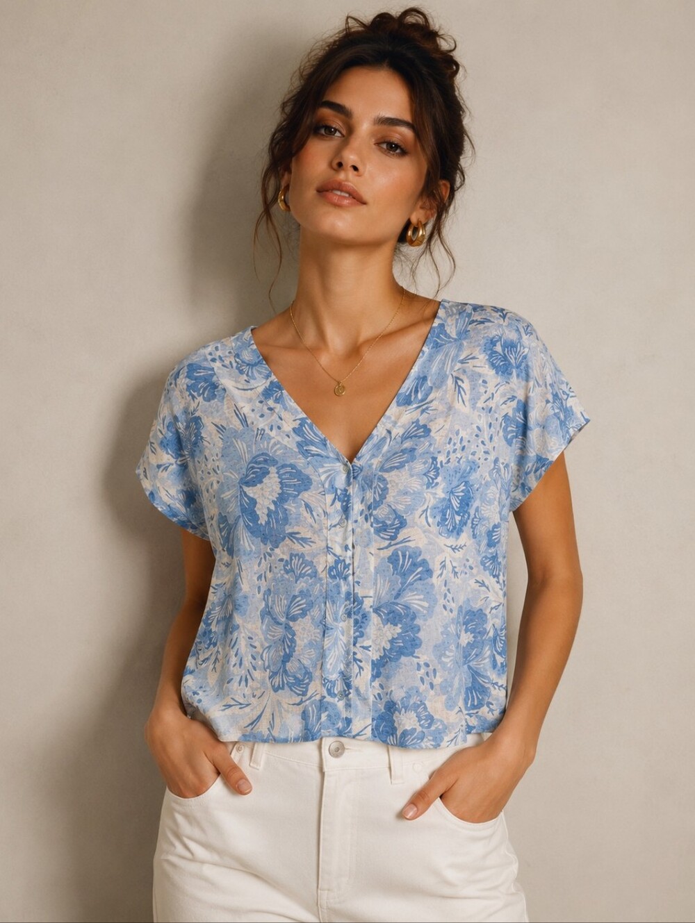 LINEN Sigrid Olsen Blue  V-Neck Button-Front Top
